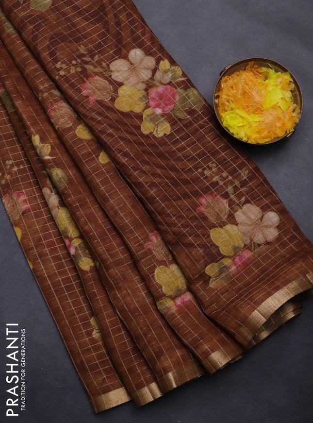 Linen cotton saree brown shade with allover floral prints & zari checks and zari woven border