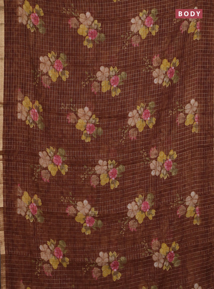 Linen cotton saree brown shade with allover floral prints & zari checks and zari woven border