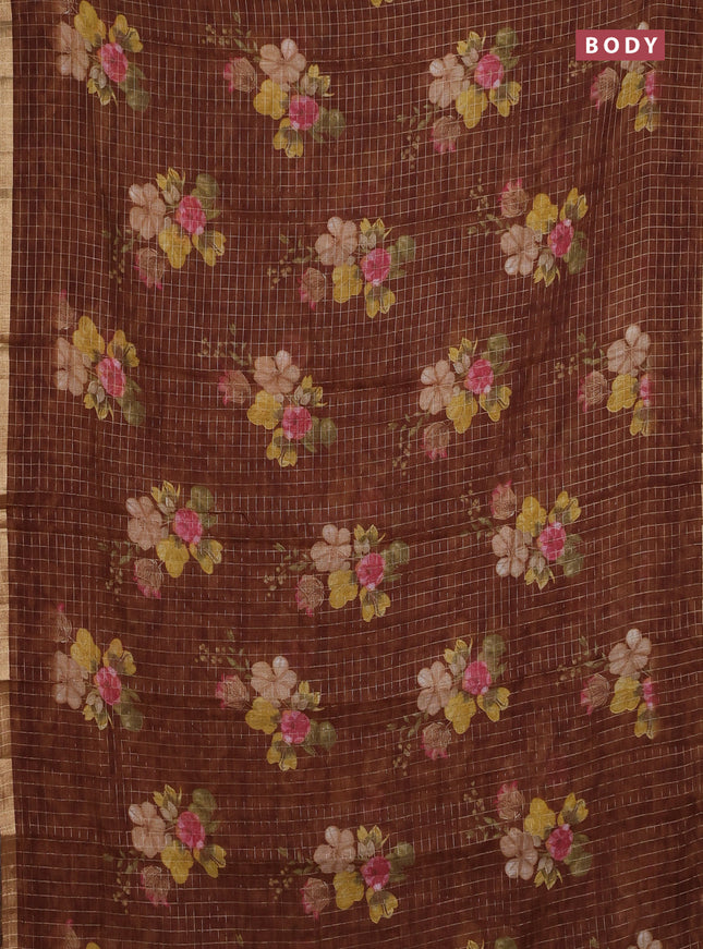 Linen cotton saree brown shade with allover floral prints & zari checks and zari woven border