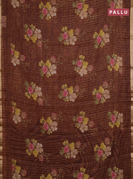 Linen cotton saree brown shade with allover floral prints & zari checks and zari woven border