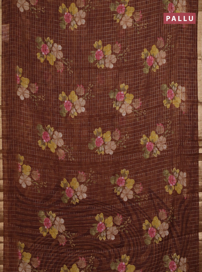 Linen cotton saree brown shade with allover floral prints & zari checks and zari woven border