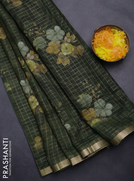 Linen cotton saree dark sap green with allover floral prints & zari checks and zari woven border