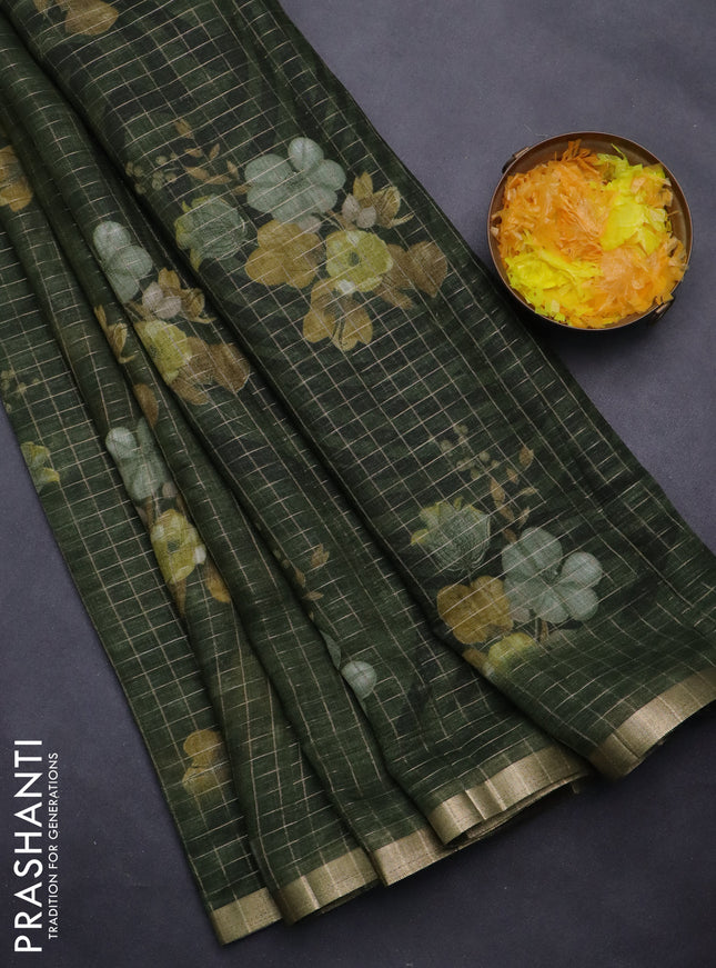 Linen cotton saree dark sap green with allover floral prints & zari checks and zari woven border