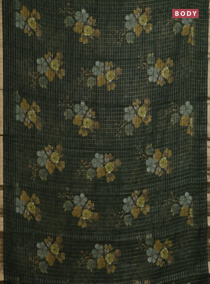 Linen cotton saree dark sap green with allover floral prints & zari checks and zari woven border