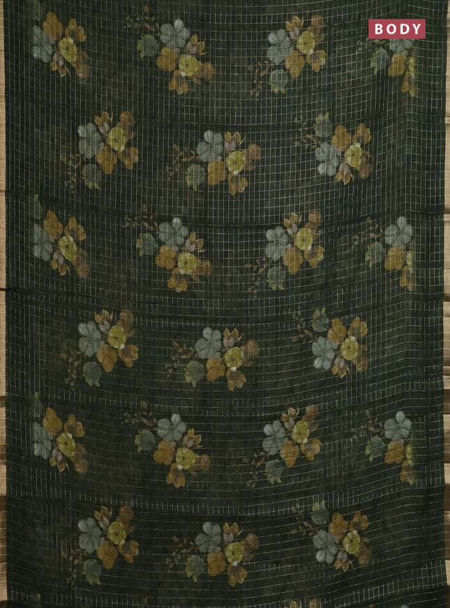 Linen cotton saree dark sap green with allover floral prints & zari checks and zari woven border