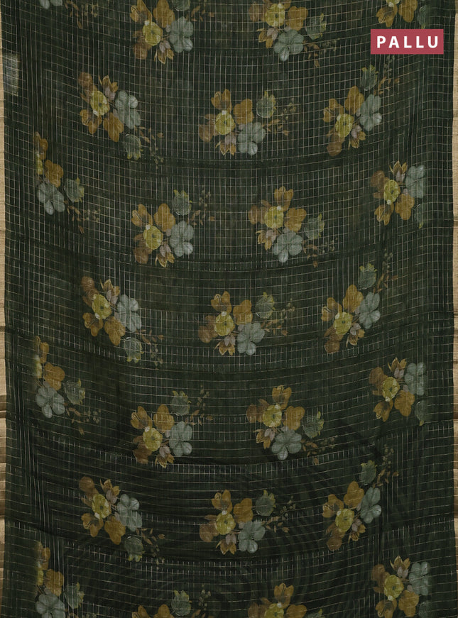Linen cotton saree dark sap green with allover floral prints & zari checks and zari woven border