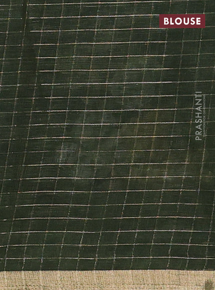 Linen cotton saree dark sap green with allover floral prints & zari checks and zari woven border