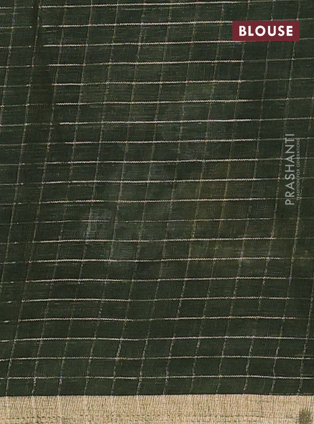 Linen cotton saree dark sap green with allover floral prints & zari checks and zari woven border