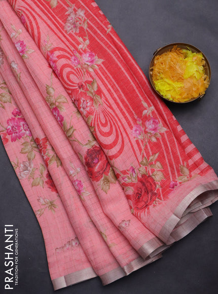 Linen cotton saree peach pink with allover floral prints & zari checks and zari woven border