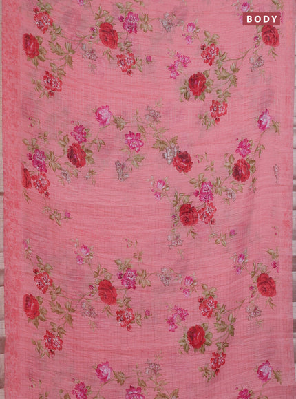 Linen cotton saree peach pink with allover floral prints & zari checks and zari woven border