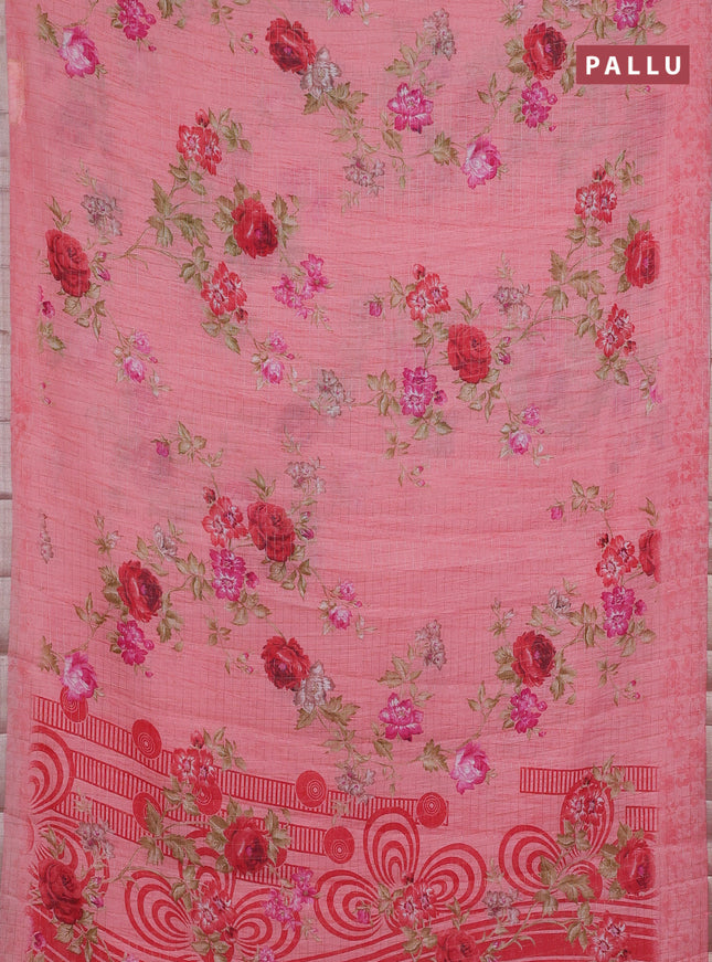 Linen cotton saree peach pink with allover floral prints & zari checks and zari woven border