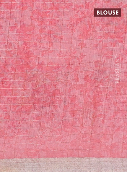 Linen cotton saree peach pink with allover floral prints & zari checks and zari woven border