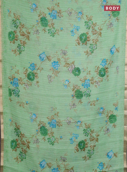 Linen cotton saree pista green with allover floral prints & zari checks and zari woven border