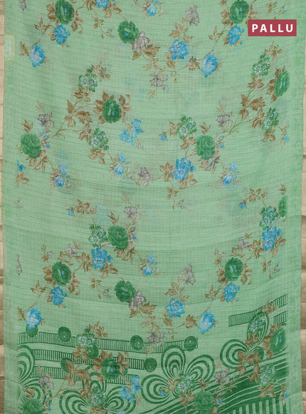 Linen cotton saree pista green with allover floral prints & zari checks and zari woven border