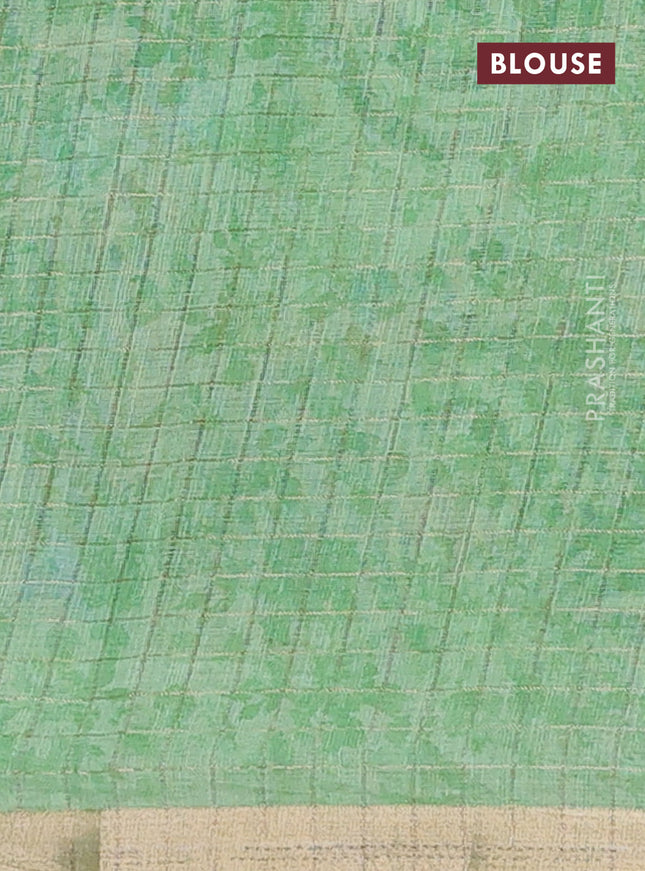 Linen cotton saree pista green with allover floral prints & zari checks and zari woven border