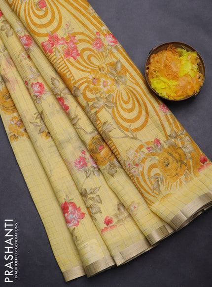 Linen cotton saree yellow with allover floral prints & zari checks and zari woven border