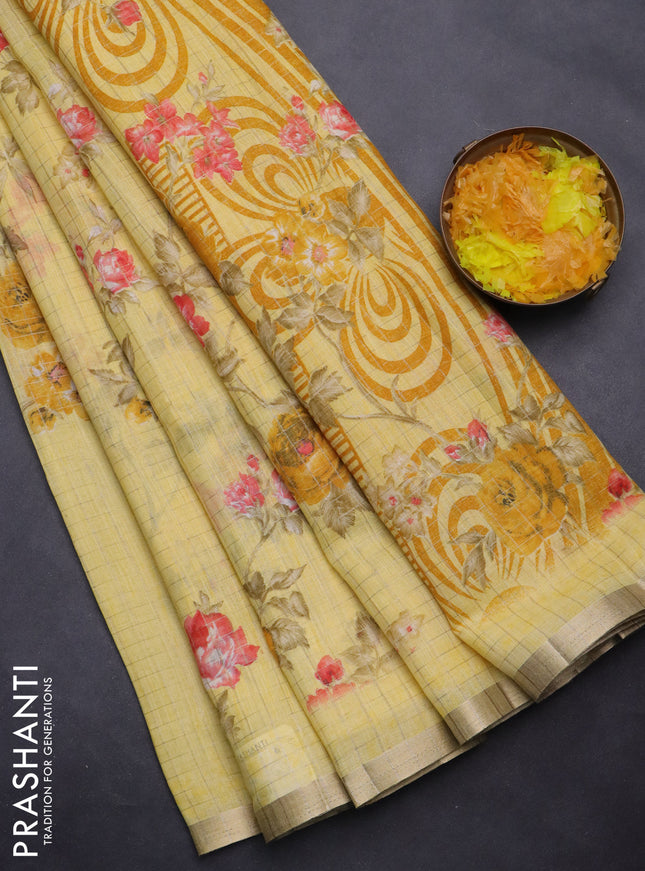 Linen cotton saree yellow with allover floral prints & zari checks and zari woven border