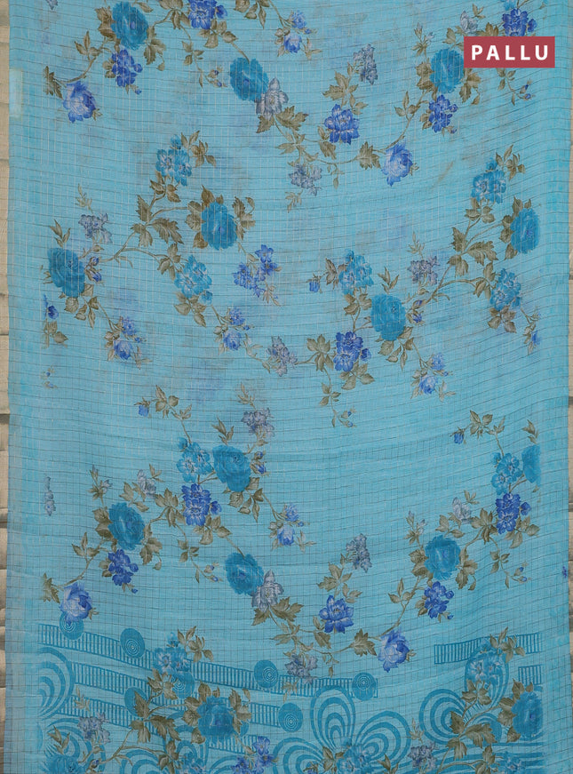 Linen cotton saree light blue with allover floral prints & zari checks and zari woven border