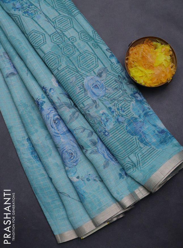 Linen cotton saree teal blue with allover floral prints & zari checks and zari woven border