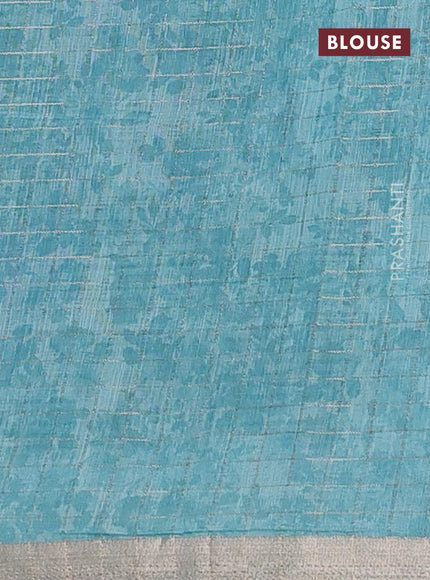 Linen cotton saree teal blue with allover floral prints & zari checks and zari woven border