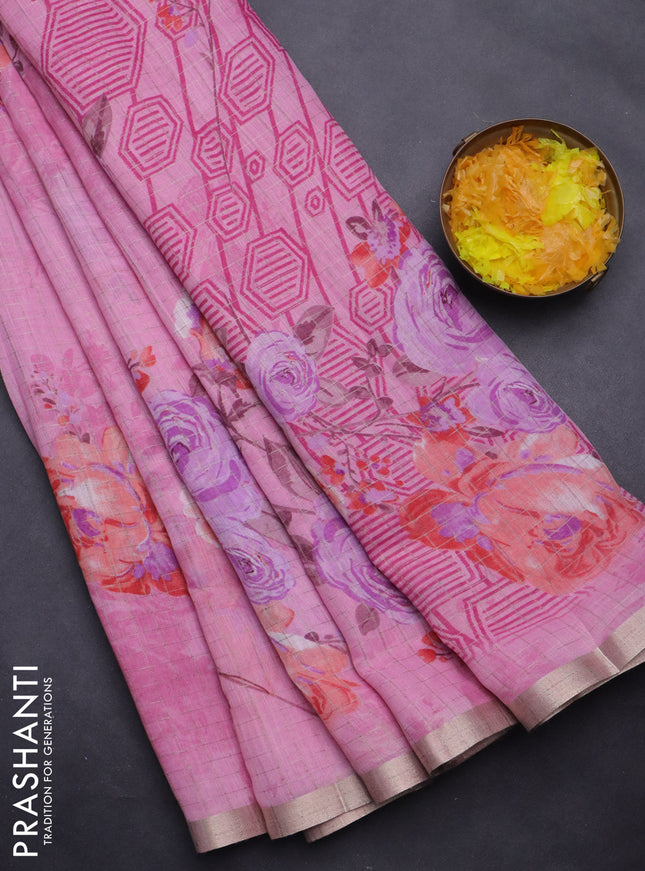 Linen cotton saree light pink with allover floral prints & zari checks and zari woven border