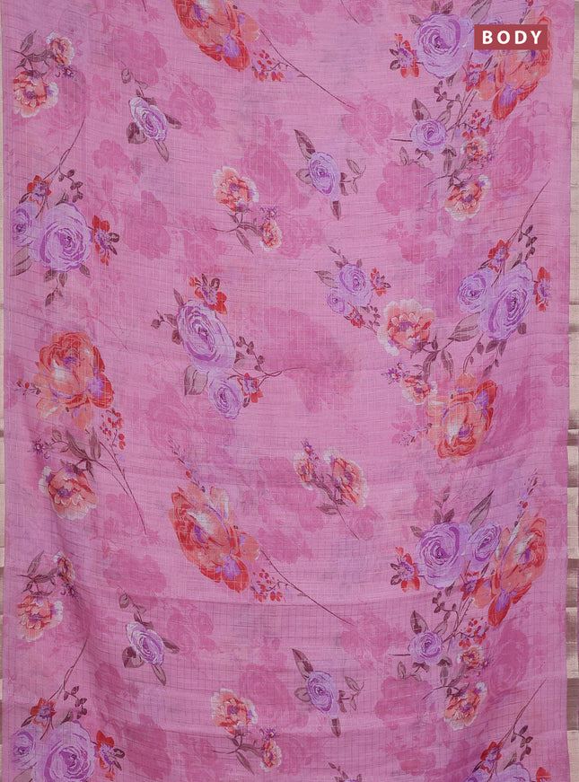 Linen cotton saree light pink with allover floral prints & zari checks and zari woven border