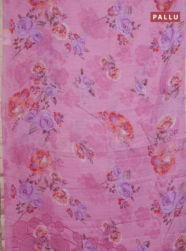 Linen cotton saree light pink with allover floral prints & zari checks and zari woven border