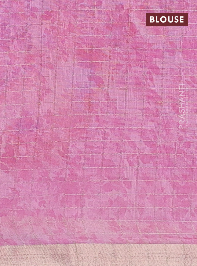 Linen cotton saree light pink with allover floral prints & zari checks and zari woven border