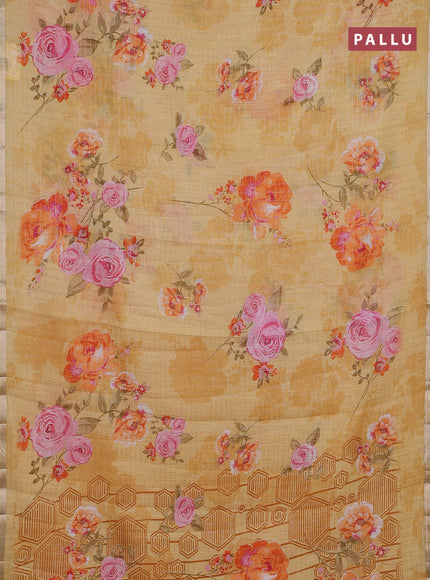 Linen cotton saree yellow with allover floral prints & zari checks and zari woven border