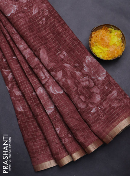Linen cotton saree pastel maroon with allover floral prints & zari checks and zari woven border