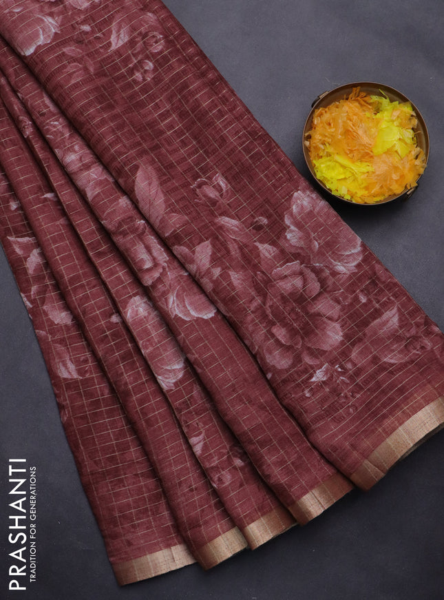 Linen cotton saree pastel maroon with allover floral prints & zari checks and zari woven border