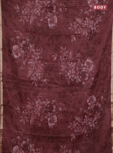 Linen cotton saree pastel maroon with allover floral prints & zari checks and zari woven border