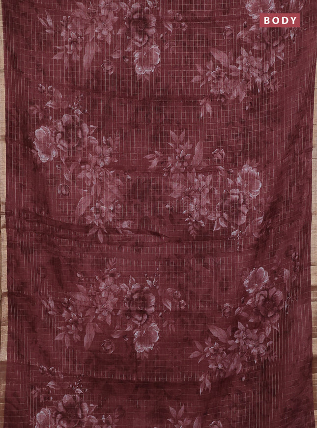 Linen cotton saree pastel maroon with allover floral prints & zari checks and zari woven border