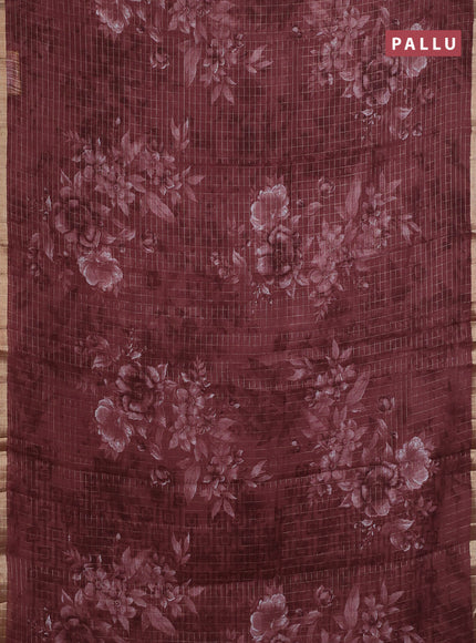 Linen cotton saree pastel maroon with allover floral prints & zari checks and zari woven border