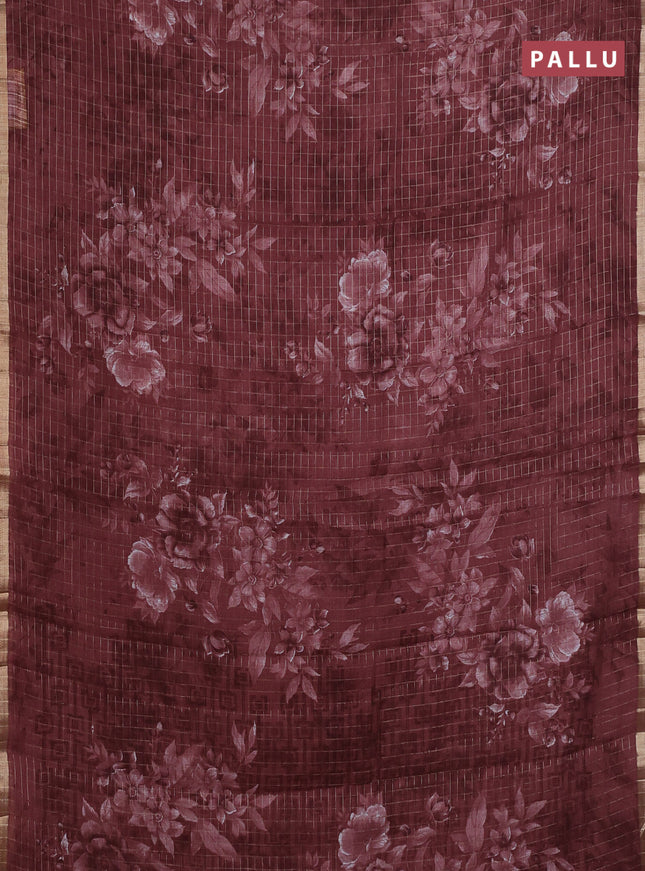 Linen cotton saree pastel maroon with allover floral prints & zari checks and zari woven border