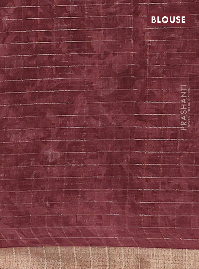 Linen cotton saree pastel maroon with allover floral prints & zari checks and zari woven border