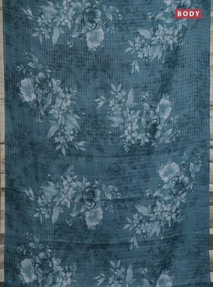 Linen cotton saree peacock blue with allover floral prints & zari checks and zari woven border