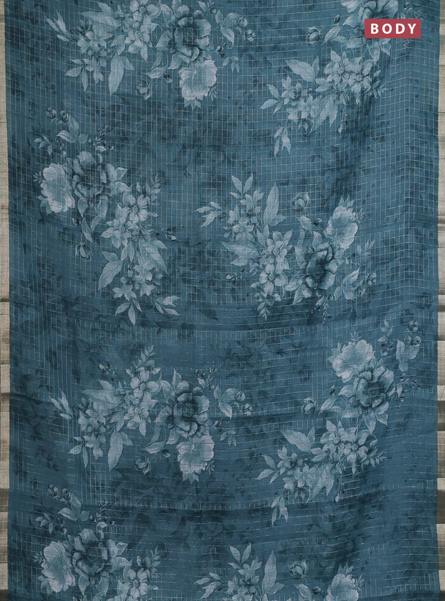 Linen cotton saree peacock blue with allover floral prints & zari checks and zari woven border