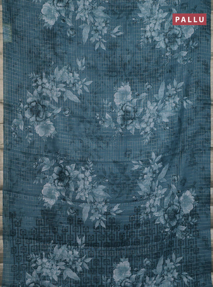 Linen cotton saree peacock blue with allover floral prints & zari checks and zari woven border
