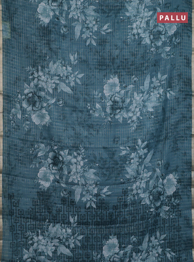 Linen cotton saree peacock blue with allover floral prints & zari checks and zari woven border