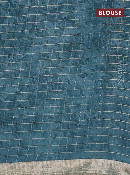 Linen cotton saree peacock blue with allover floral prints & zari checks and zari woven border