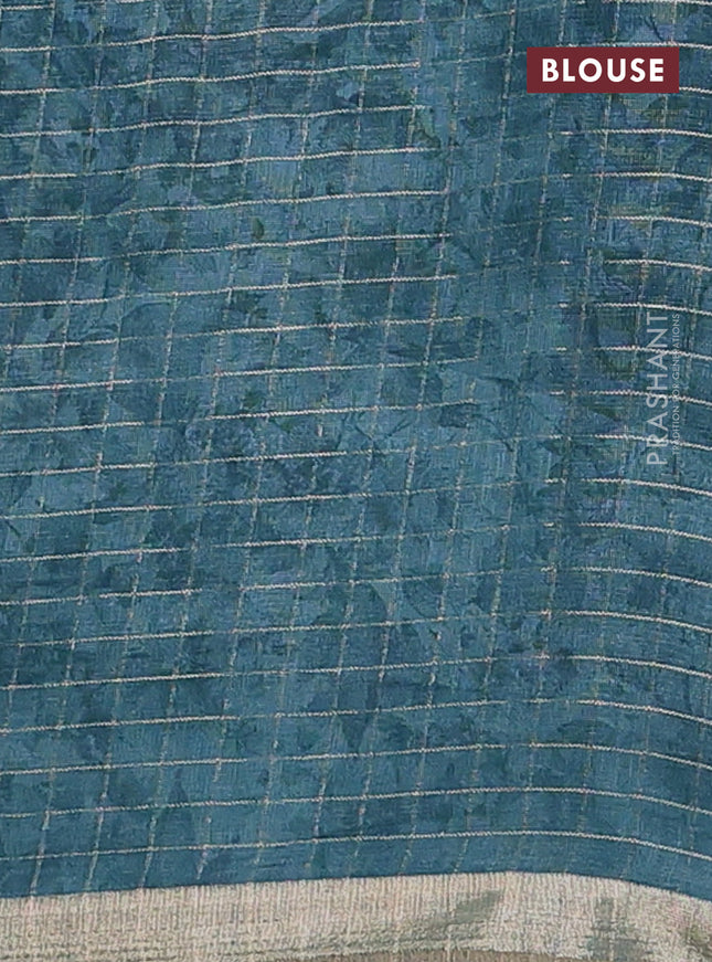 Linen cotton saree peacock blue with allover floral prints & zari checks and zari woven border