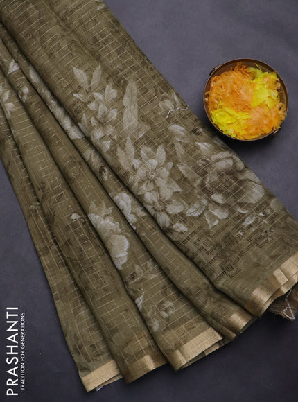 Linen cotton saree military green with allover floral prints & zari checks and zari woven border