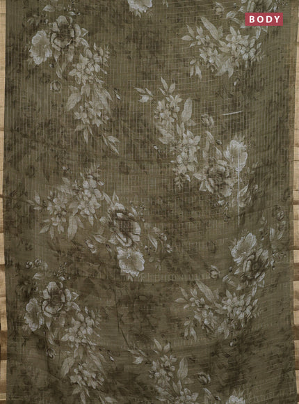 Linen cotton saree military green with allover floral prints & zari checks and zari woven border