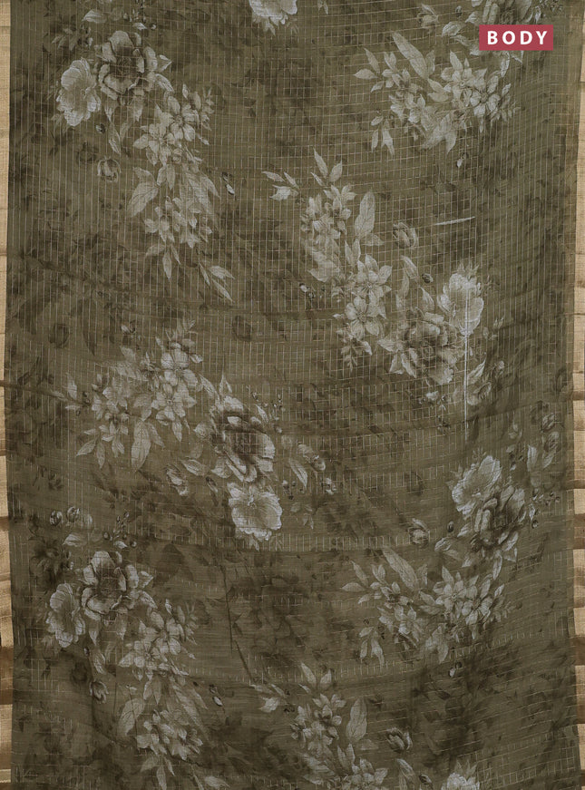 Linen cotton saree military green with allover floral prints & zari checks and zari woven border