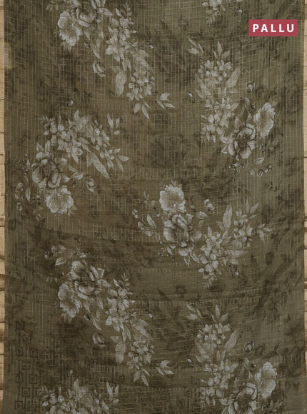 Linen cotton saree military green with allover floral prints & zari checks and zari woven border