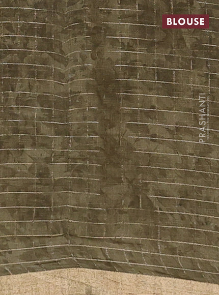 Linen cotton saree military green with allover floral prints & zari checks and zari woven border