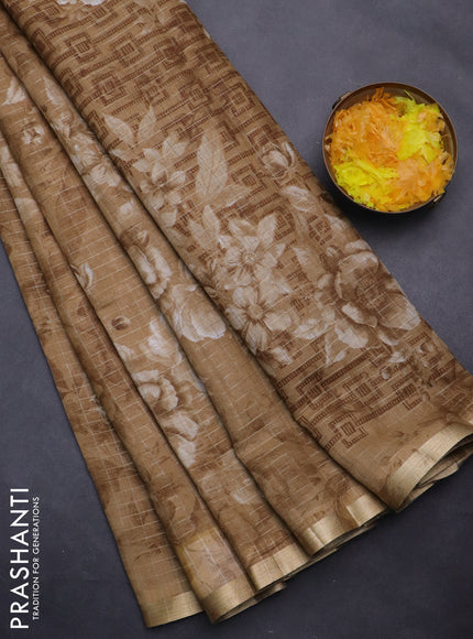 Linen cotton saree sandal with allover floral prints & zari checks and zari woven border