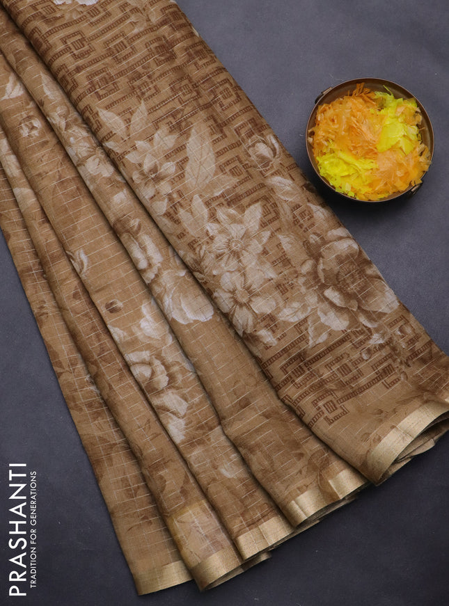 Linen cotton saree sandal with allover floral prints & zari checks and zari woven border