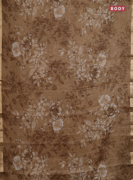 Linen cotton saree sandal with allover floral prints & zari checks and zari woven border